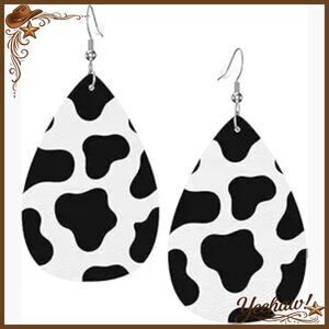 Leather Teardrop Dangle Earrings, Cow Print Animal Design, Lightweight